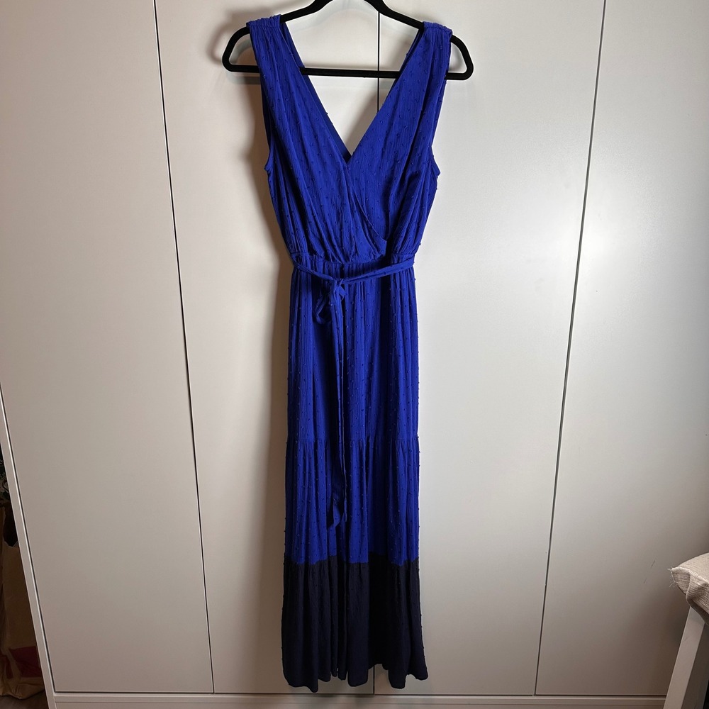 DR2 Royal Blue Maxi Dress Sleeveless Wrap Boho Tiered Textured Fabric